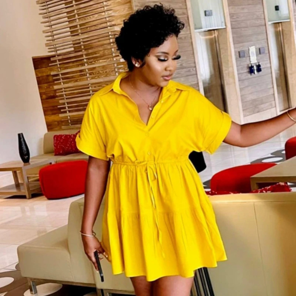 ZARA Unique African Solid Color Waist Cinching Slimming Mini Dress